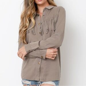 NWT DO+BE Taupe Fringe Long Sleeve Blouse